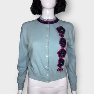 Vintage 1950s Light Blue Wool Cashmere, Floral, Beaded Cardigan Sweater